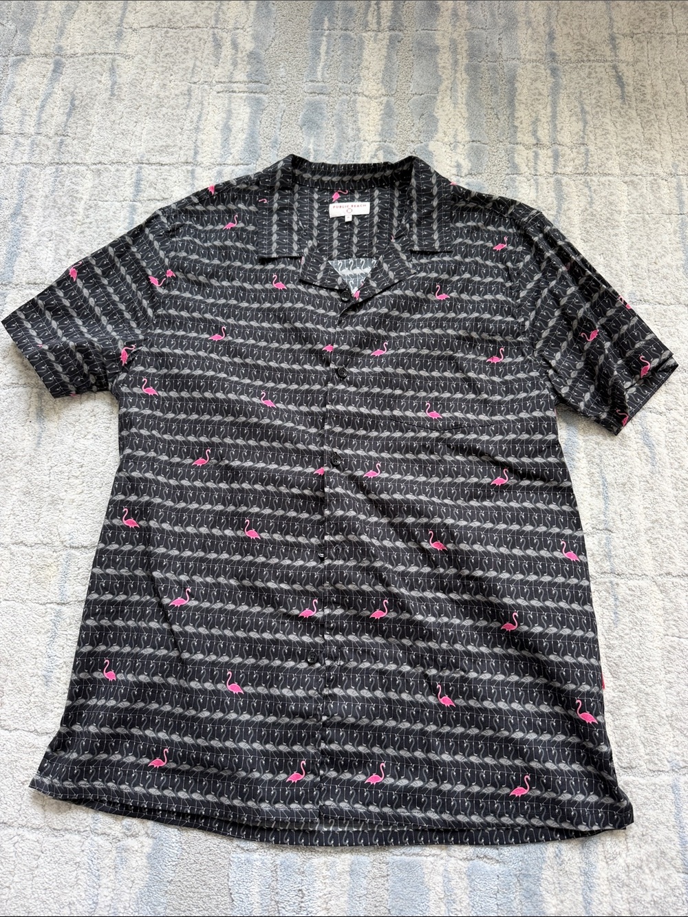 Men's Black Flamingo-Print Camp Polo Shirt